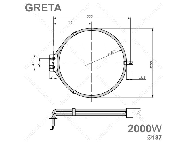 ТЭН конвекции 2000Вт для плиты GRETA