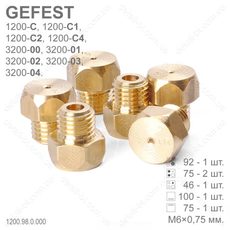 Форсунки под сжиженный газ плиты GEFEST 1200-С--С4, 3200-00--04 выпуском с 01.07.2009 (М6×0,75)