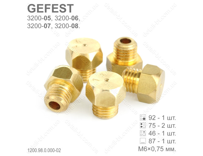 Форсунки под сжиженный газ (М6×0,75) плиты GEFEST 3200-05, 06, 07