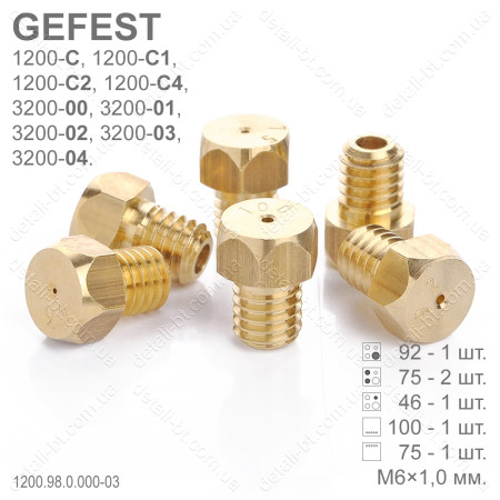 Форсунки под сжиженный газ плиты GEFEST 1200-С--С4, 3200-00--04 выпуском до 01.07.2009 (М6×1,0)
